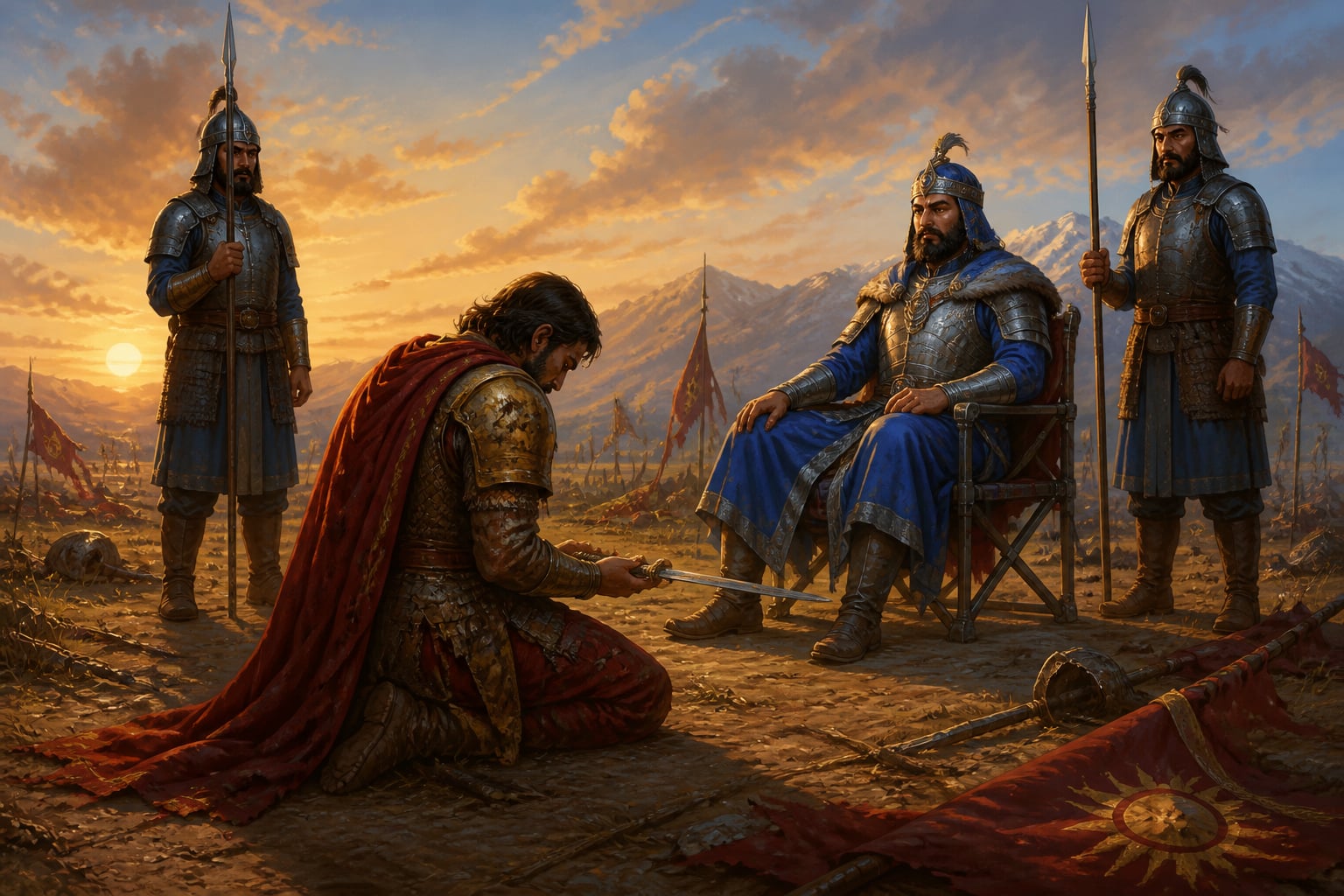 Yashovarman kneeling before Lalitaditya after defeat