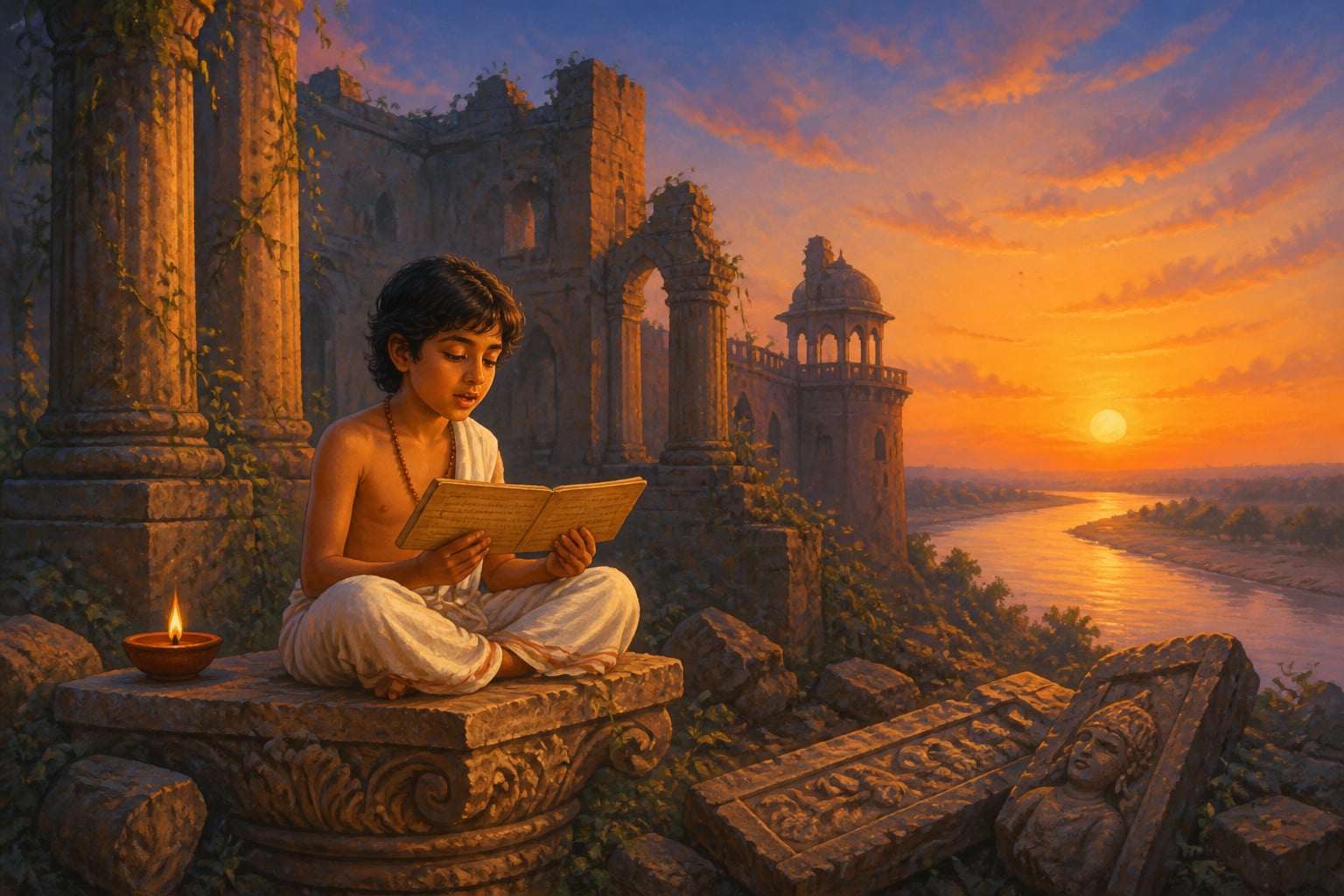A child reading Bhavabhuti's Uttararamacharita among the ruins of Kannauj
