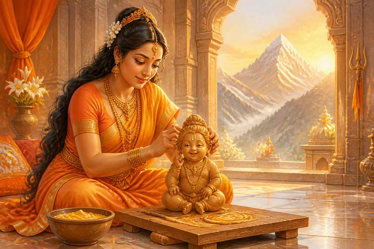 Parvati shaping the boy from fragrant sandalwood paste