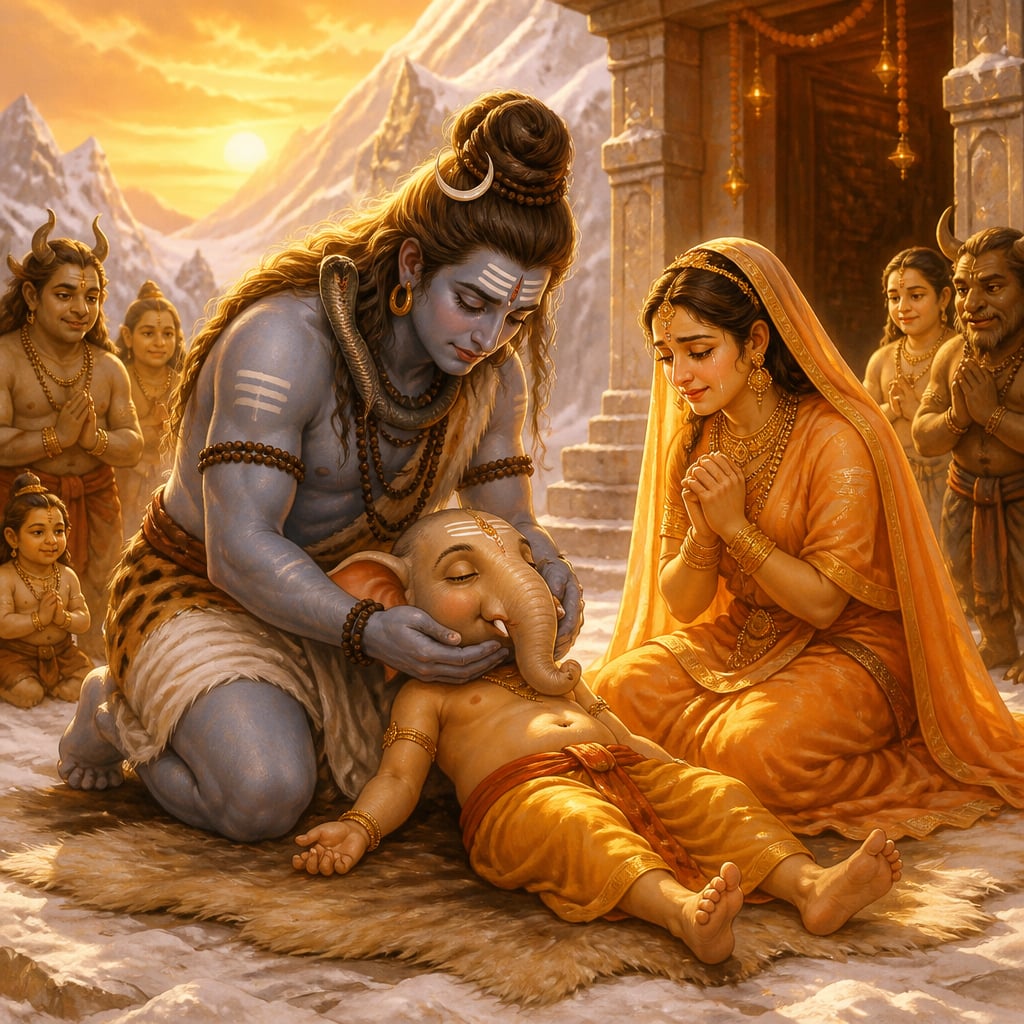 Shiva tenderly places the elephant head on the boy and breathes life back into him on snowy Kailash