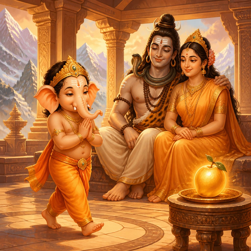 Ganesha walks slowly once around his seated parents Shiva and Parvati and bows to their feet
