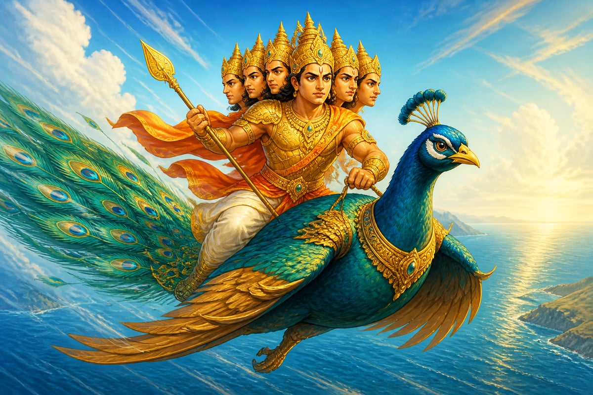 Kartikeya racing across the sky on his peacock