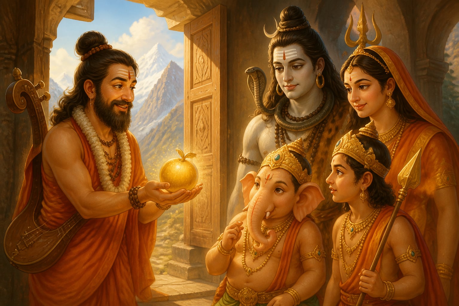 Sage Narada presenting the magical golden fruit to the family on Kailasa