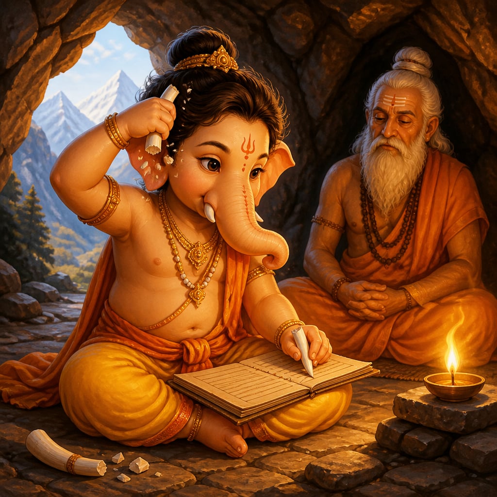Young Ganesha calmly breaks off his own tusk to use as a new pen so Vyasa's words are not lost