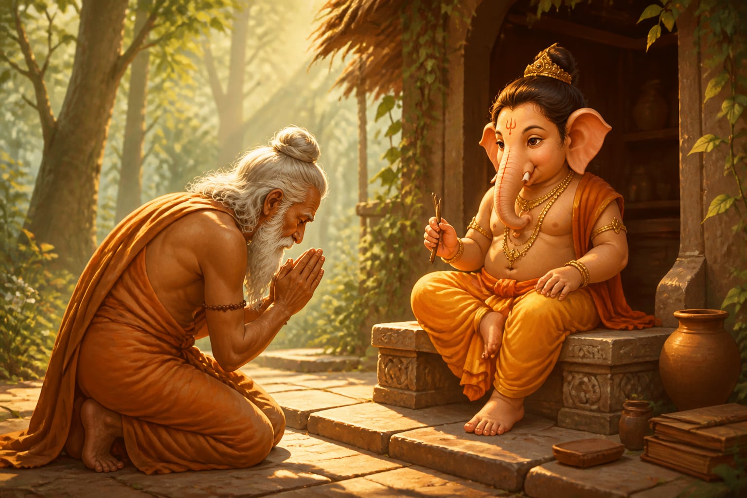 Vyasa bowing humbly before young Ganesha to ask for his help