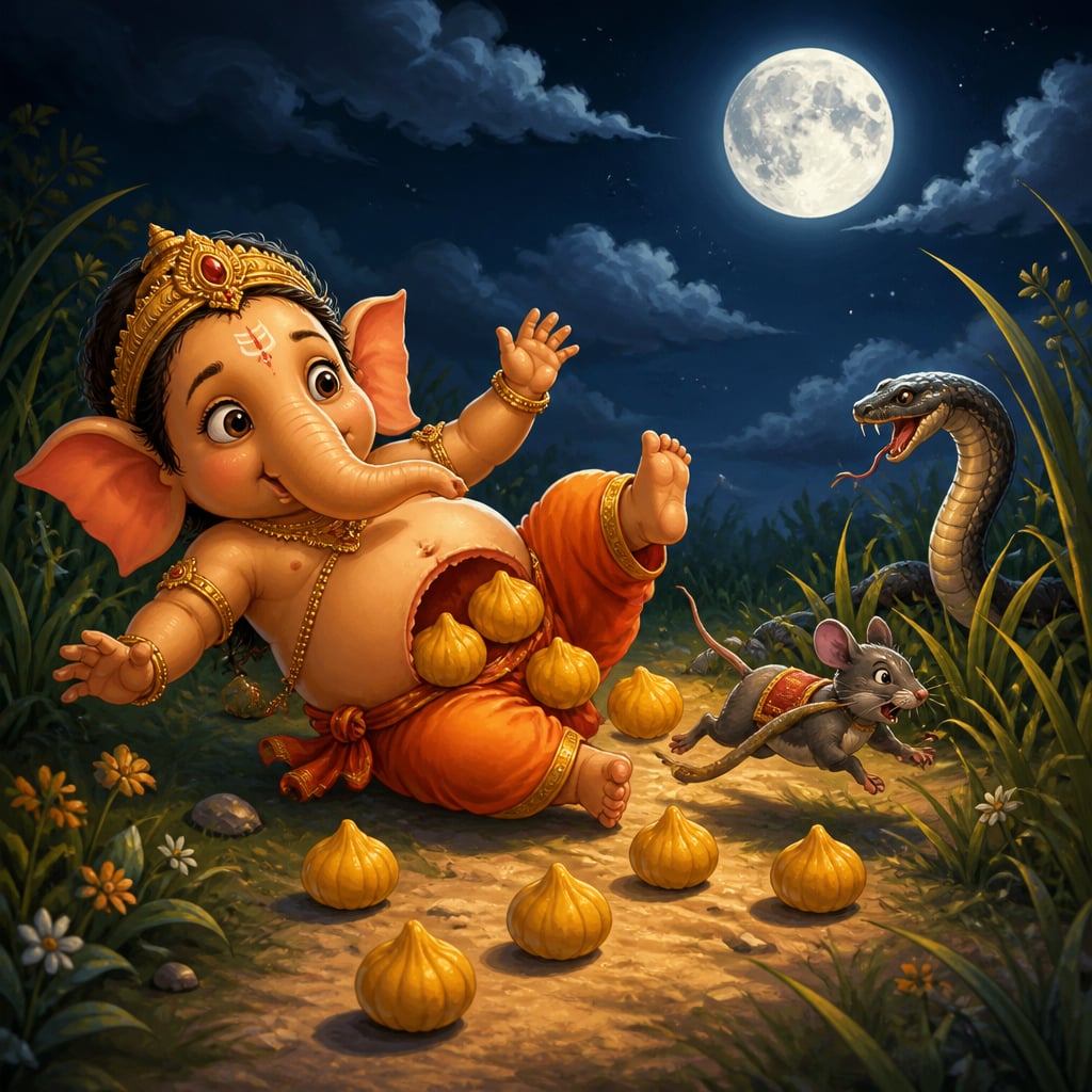 Ganesha tumbles off Mooshika at night with bright modaks rolling across the moonlit path