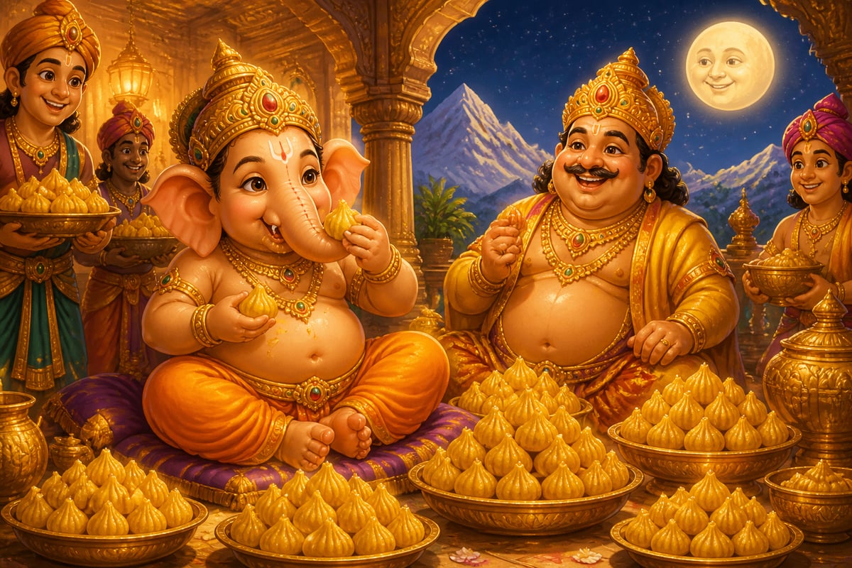 Ganesha enjoying a feast of modakas at Kubera's palace