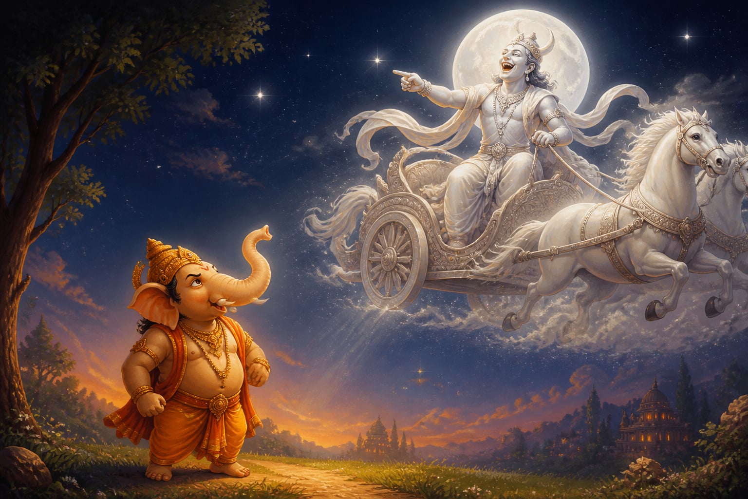 Chandra the moon laughing prideful from his chariot at fallen Ganesha