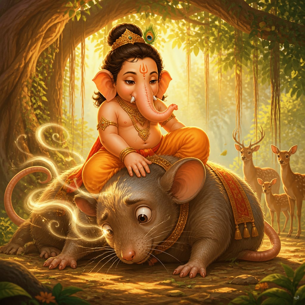 Ganesha calmly climbs onto the giant Krauncha mouse and sits comfortably on his back