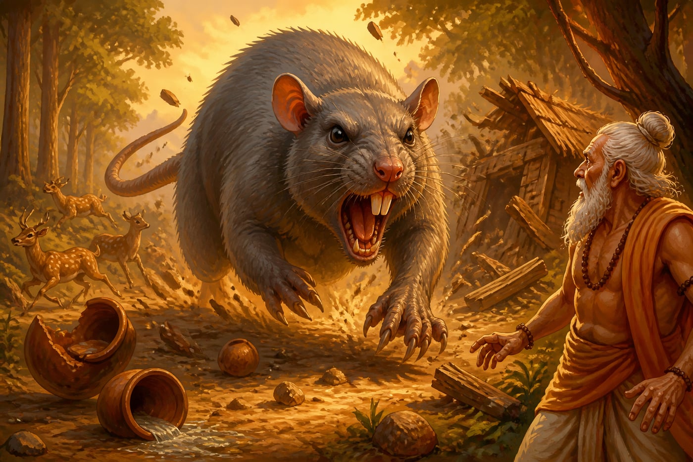 The giant mouse Krauncha rampaging through Vamadeva's ashram