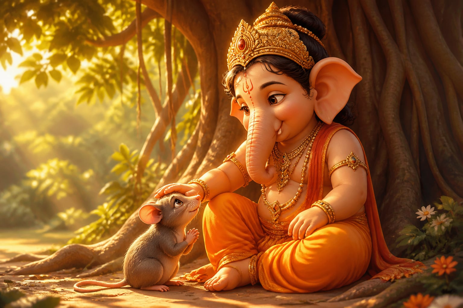 Krauncha now tamed as a small mouse with tearful eyes at Ganesha's feet