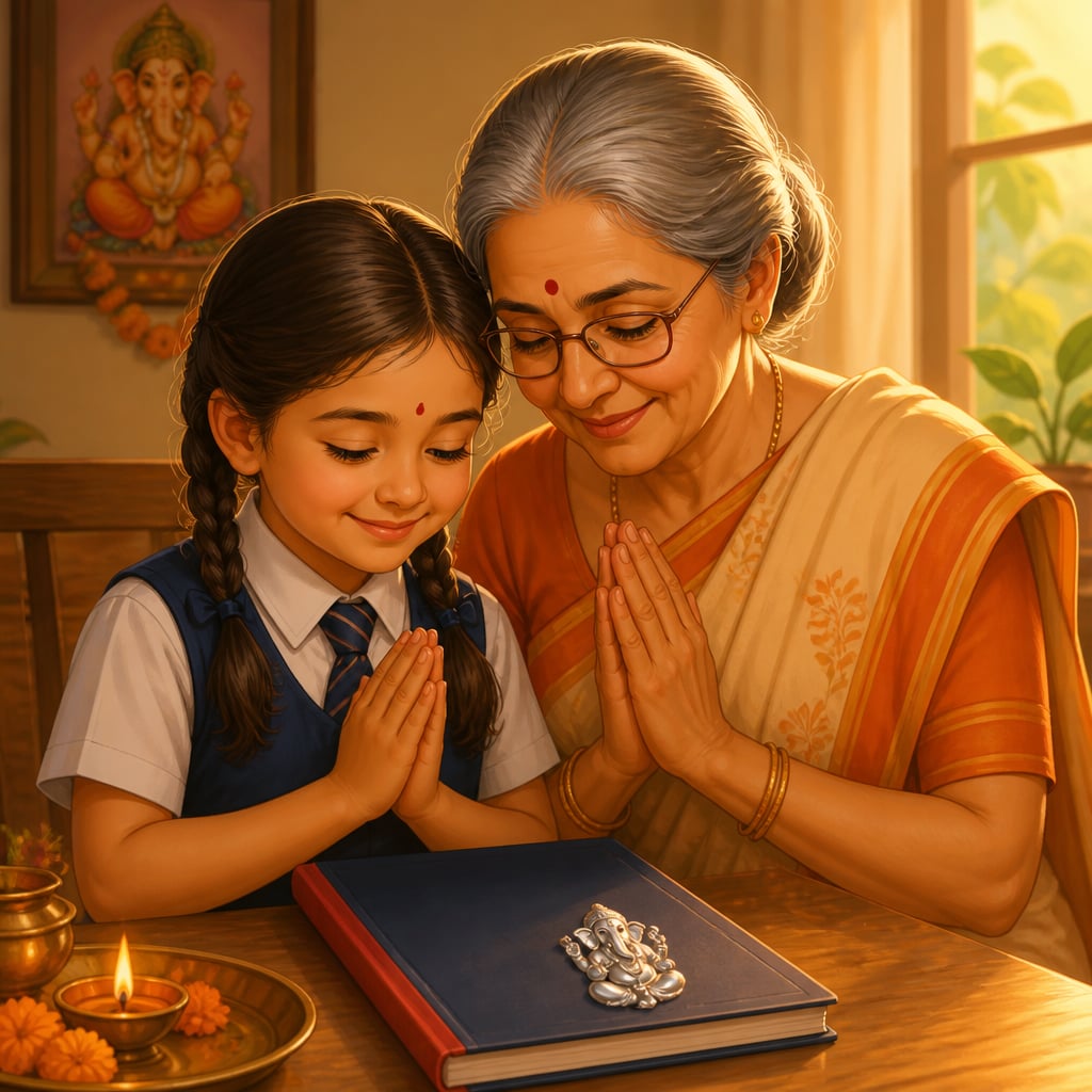 Aanya's grandmother presses a small silver Ganesha sticker onto the first page of her new notebook