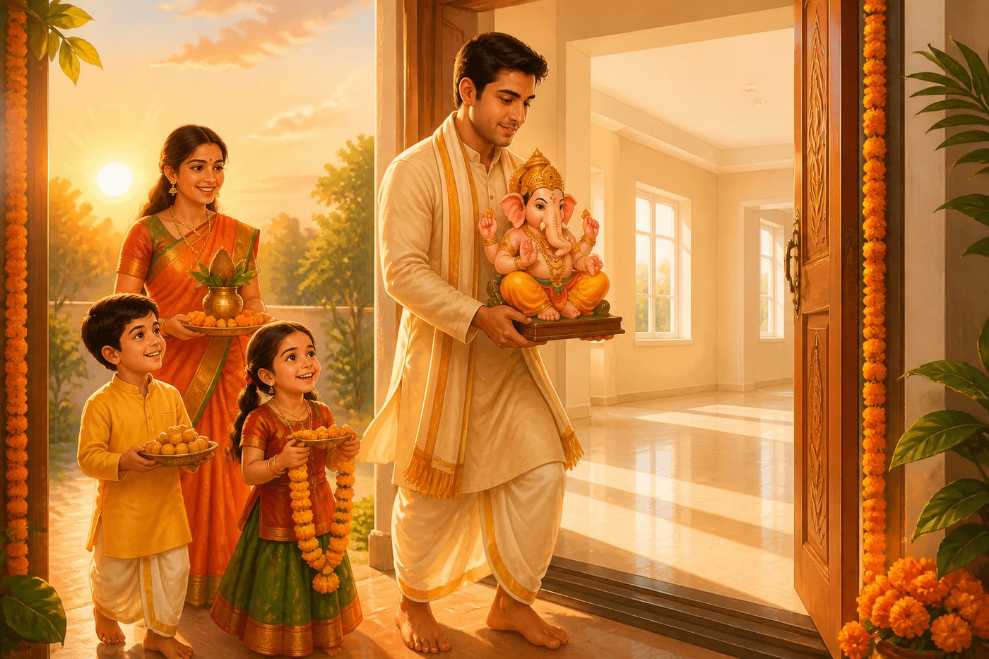A modern family welcoming a Ganesha statue across the threshold of their new home