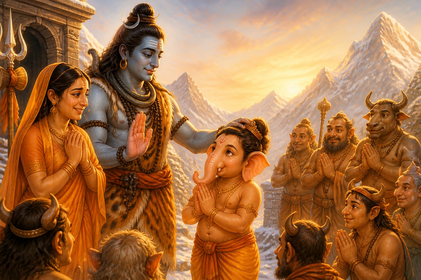 Shiva placing his hand on Ganesha's head making the cosmic promise on Kailash