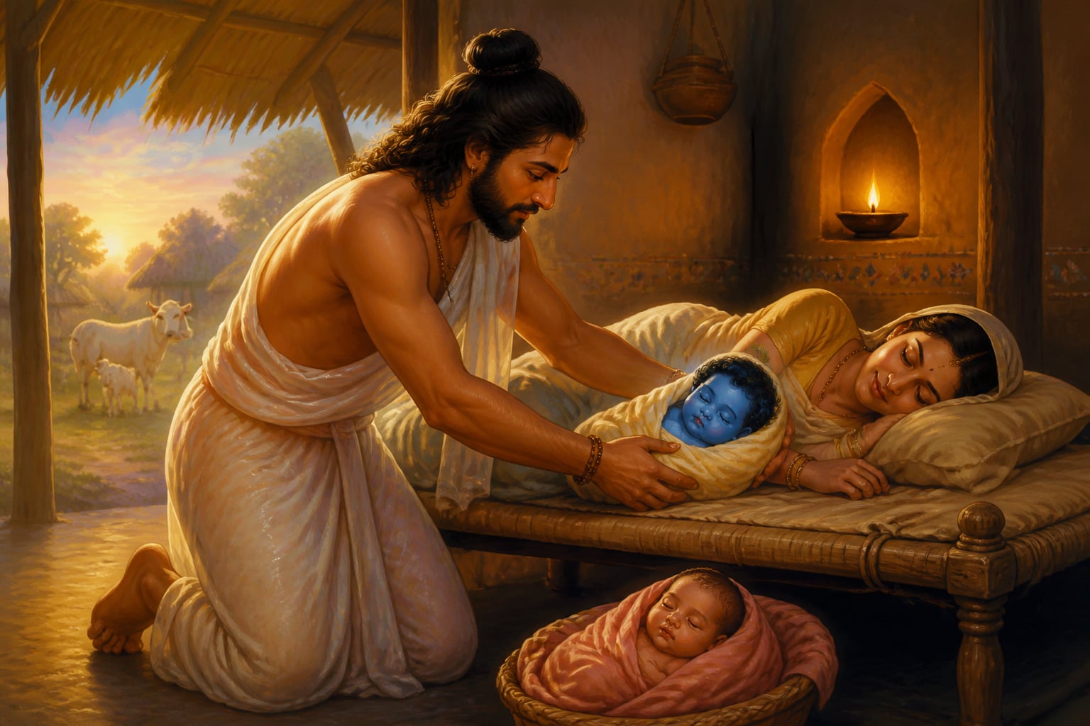 Vasudeva placing baby Krishna beside Yashoda in Gokul