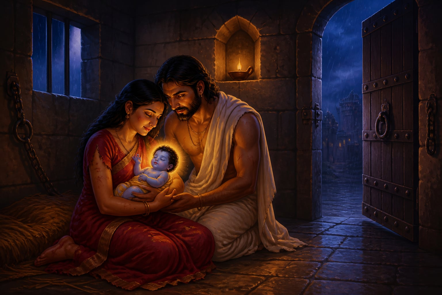 Baby Krishna born in a thunderstorm prison cell