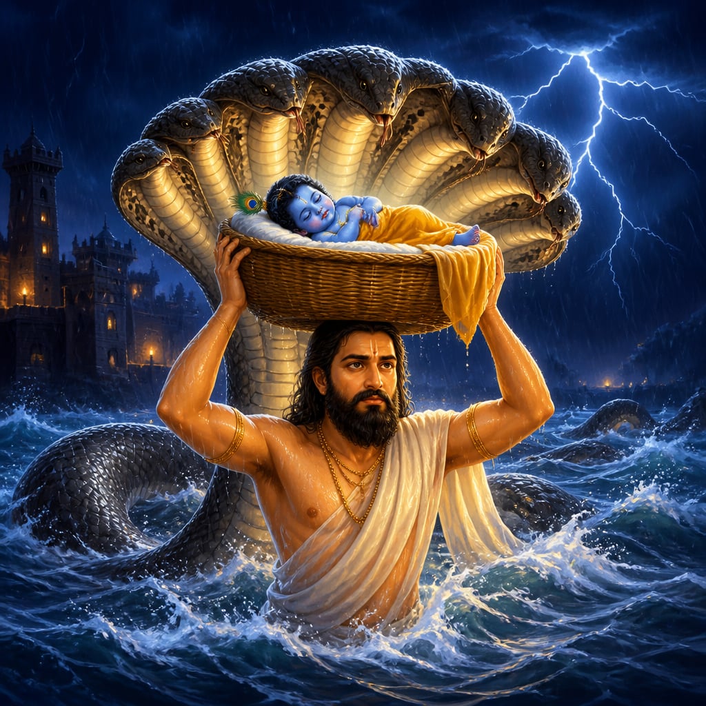 Vasudeva carrying baby Krishna across the flooded Yamuna with Sheshnaga sheltering them