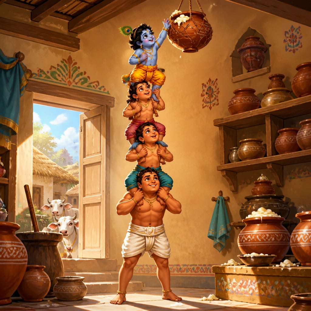 Cowherd boys forming a human ladder with little Krishna at the top reaching the butter pot