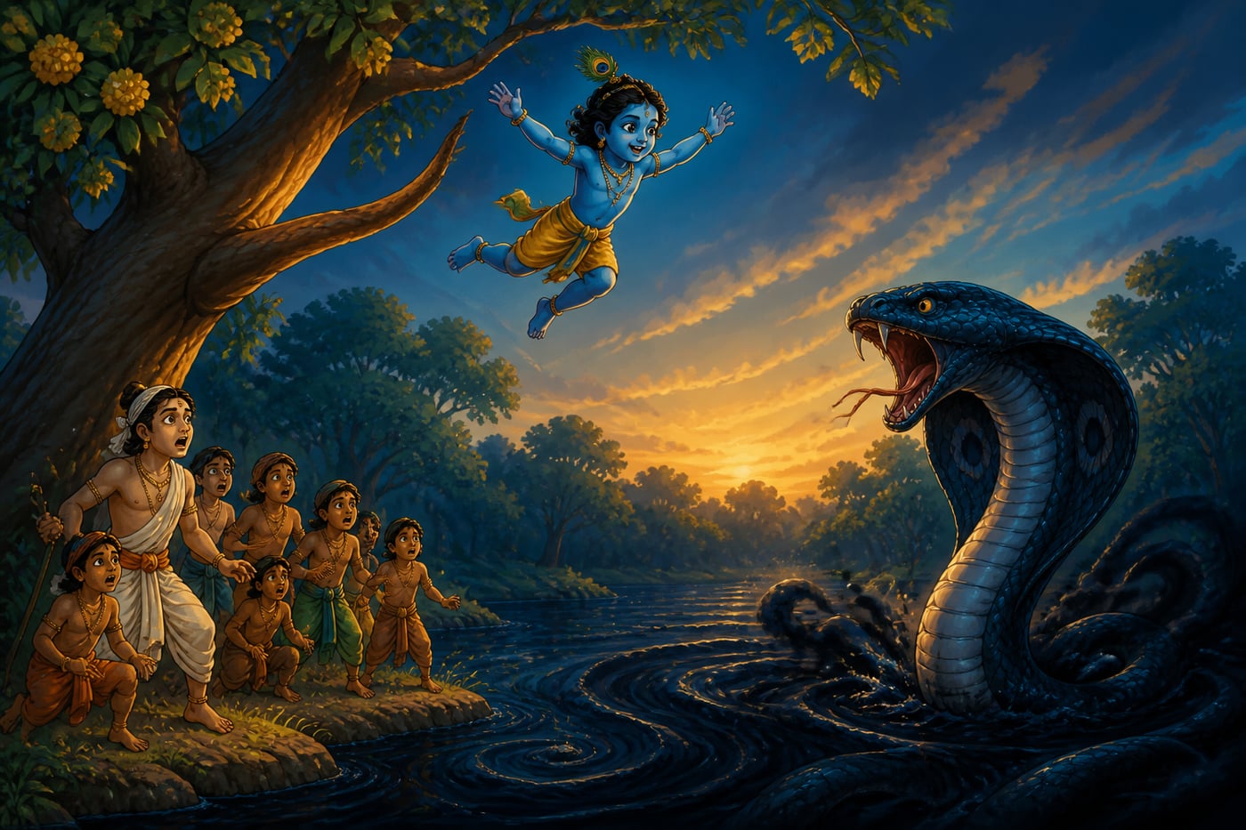Krishna leaping from a kadamba tree into the black pool