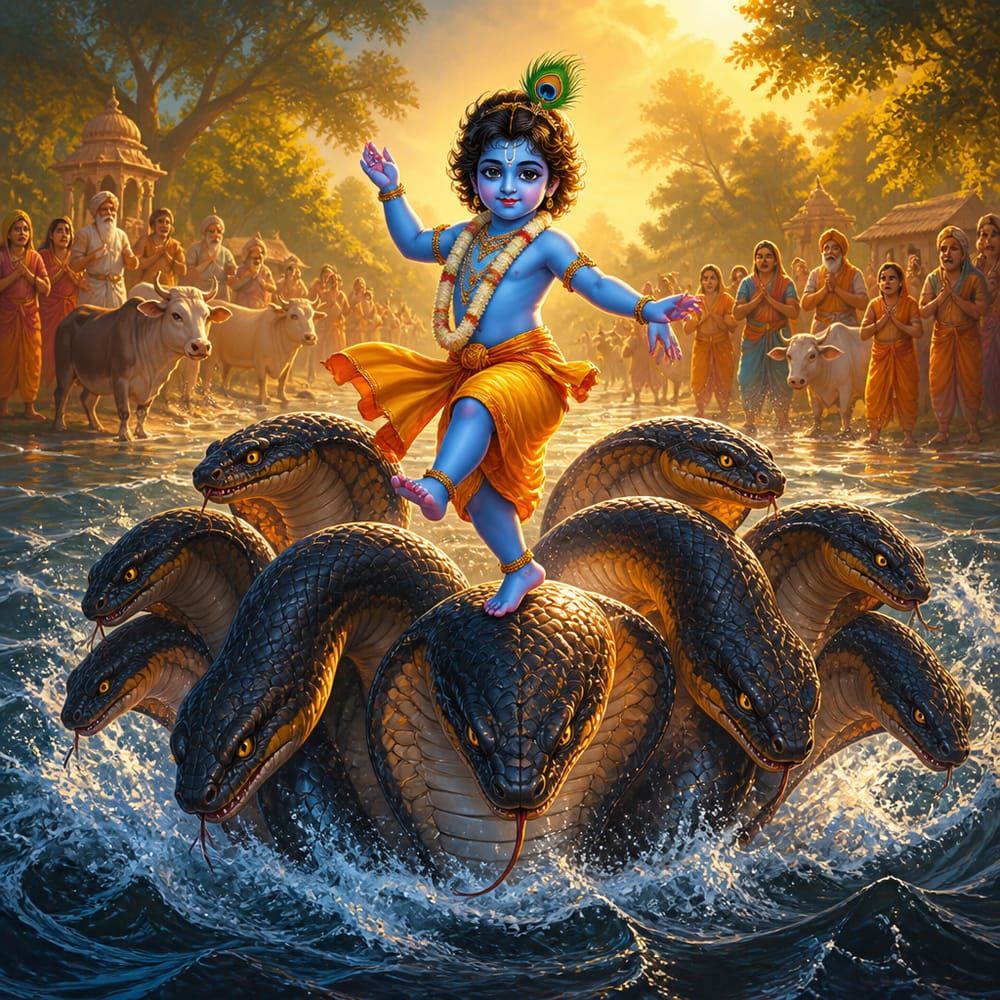 Little Krishna dancing on the many hoods of the serpent Kaliya in the Yamuna