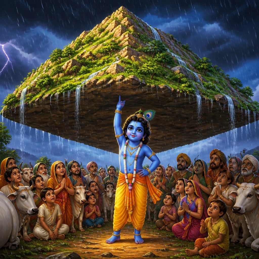 Little Krishna lifting Govardhan hill on the tip of his finger as villagers shelter beneath