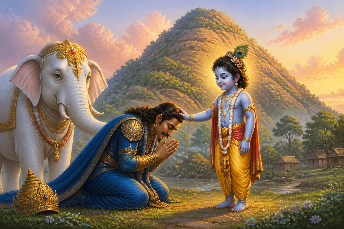 Indra bowing at the feet of little Krishna