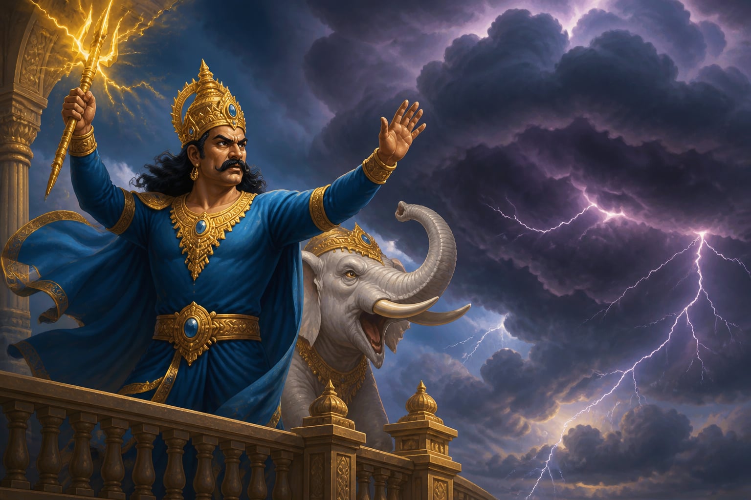 Indra in fury summoning thunderclouds from his palace