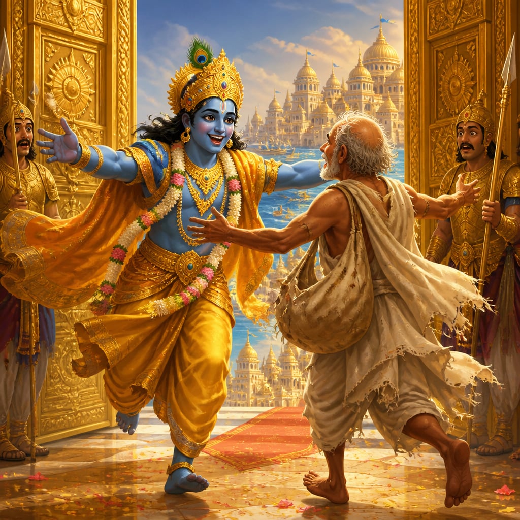 King Krishna running through the Dwaraka gates to embrace his old friend Sudama