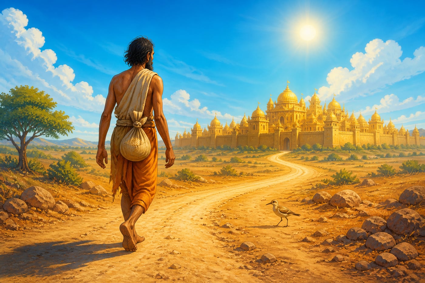 Sudama walking the long road to golden Dwaraka