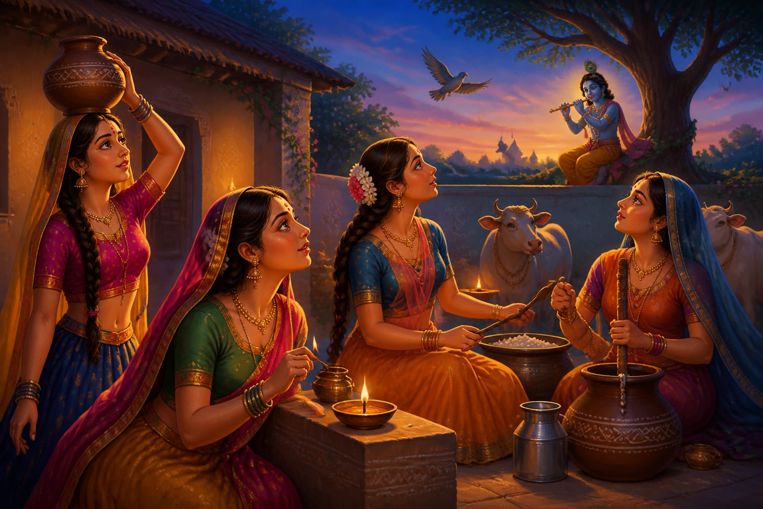 Gopis frozen mid-task listening to the flute