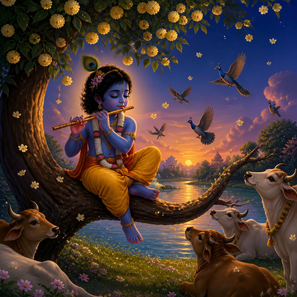 Little Krishna playing the Murali flute on a kadamba branch by the Yamuna