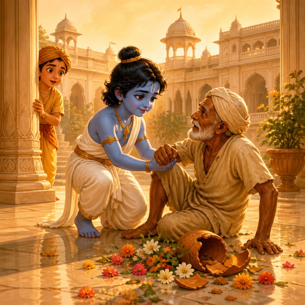 Young prince Rama kneels to help an elderly gardener up in the palace courtyard of Ayodhya.