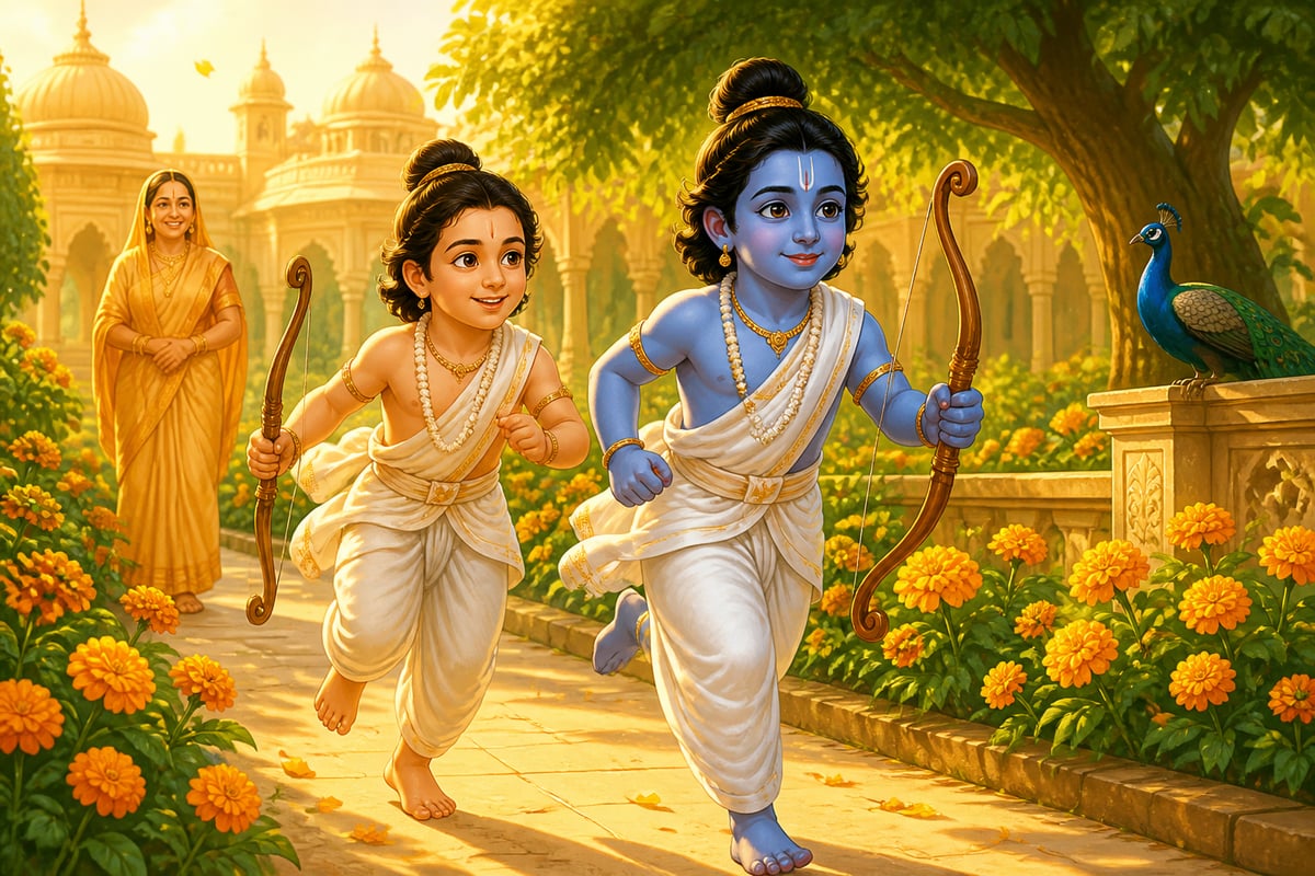 Young Rama and Lakshmana running together in the palace garden