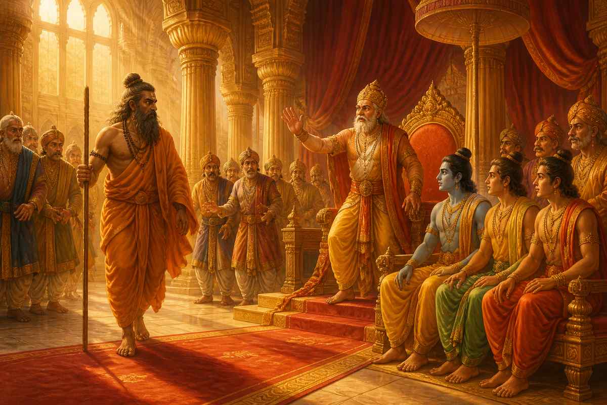 The sage Vishvamitra arriving at King Dasharatha's court