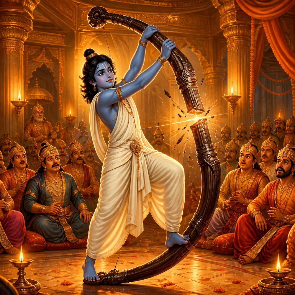 Young Rama bends the huge Pinaka bow in King Janaka's hall at Mithila as it snaps.