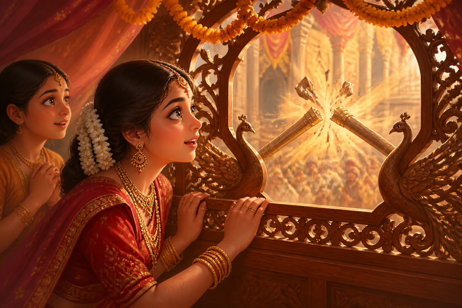 Sita watching the swayamvar through the peacock window screen