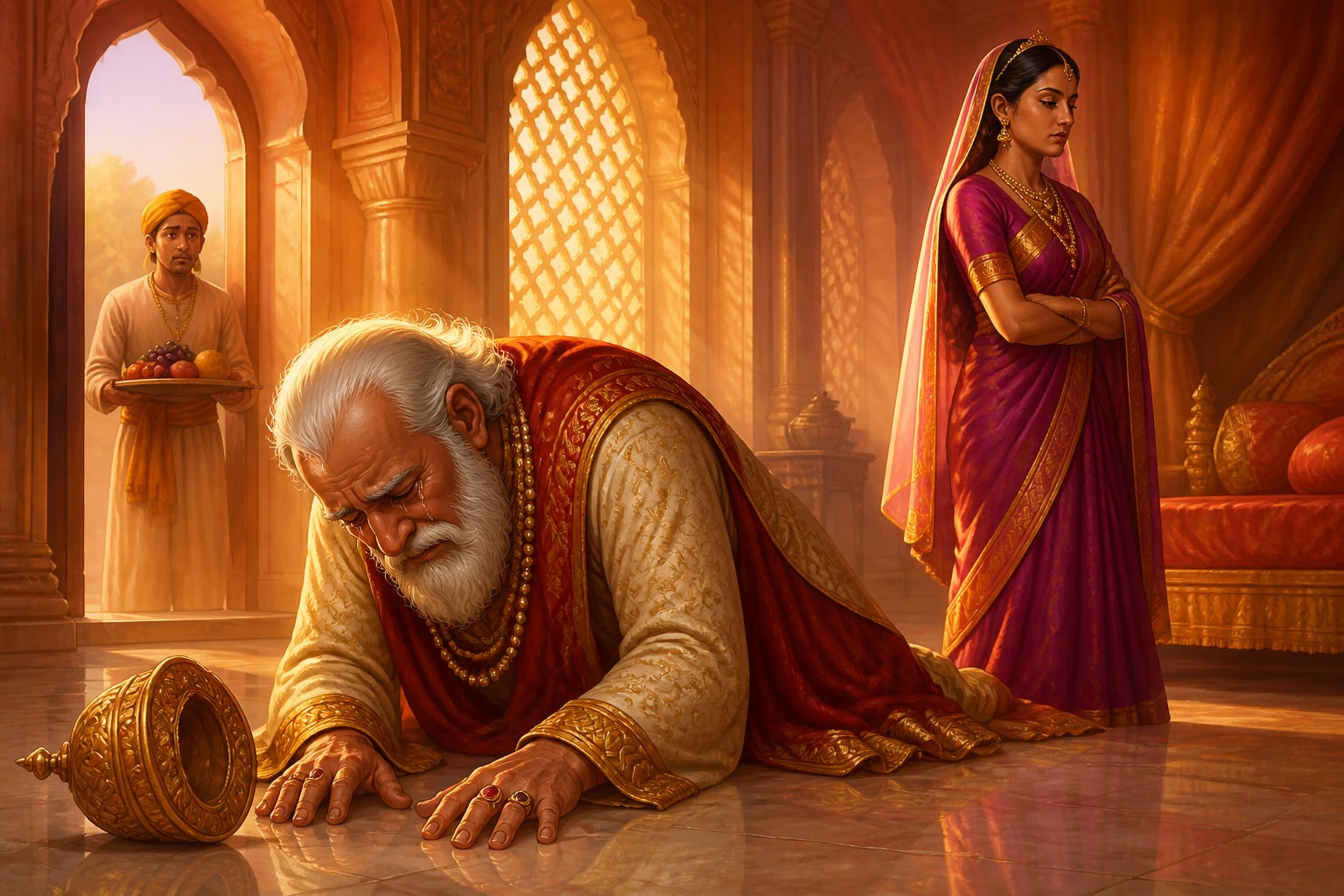 King Dasharatha collapsed on the palace floor in grief