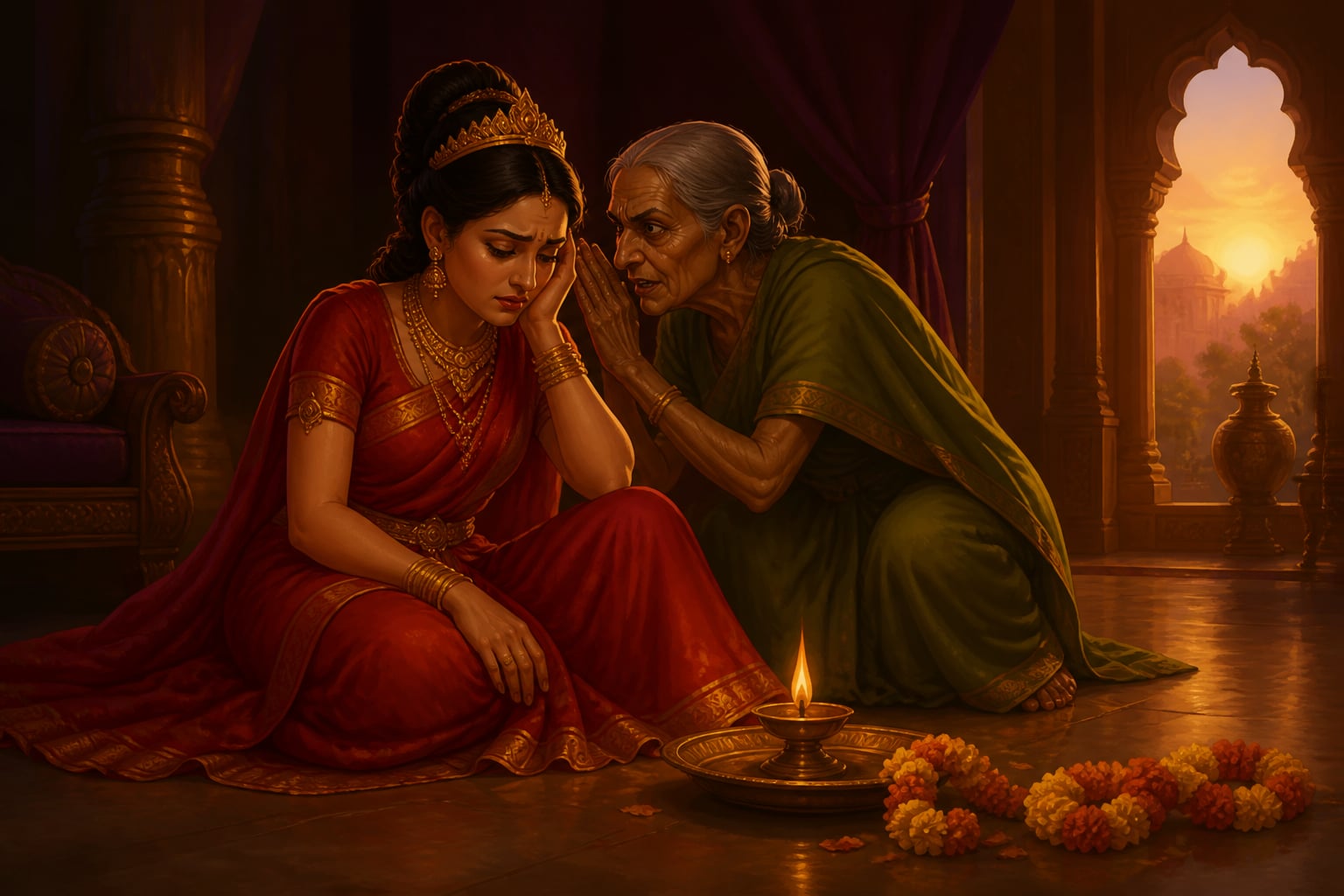 Manthara whispering jealousy into Queen Kaikeyi's ear