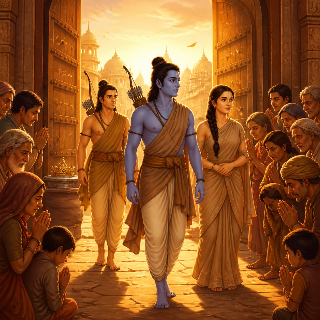 Rama, Sita and Lakshmana walk calmly out through the gates of Ayodhya in tree-bark cloth as citizens line the road.