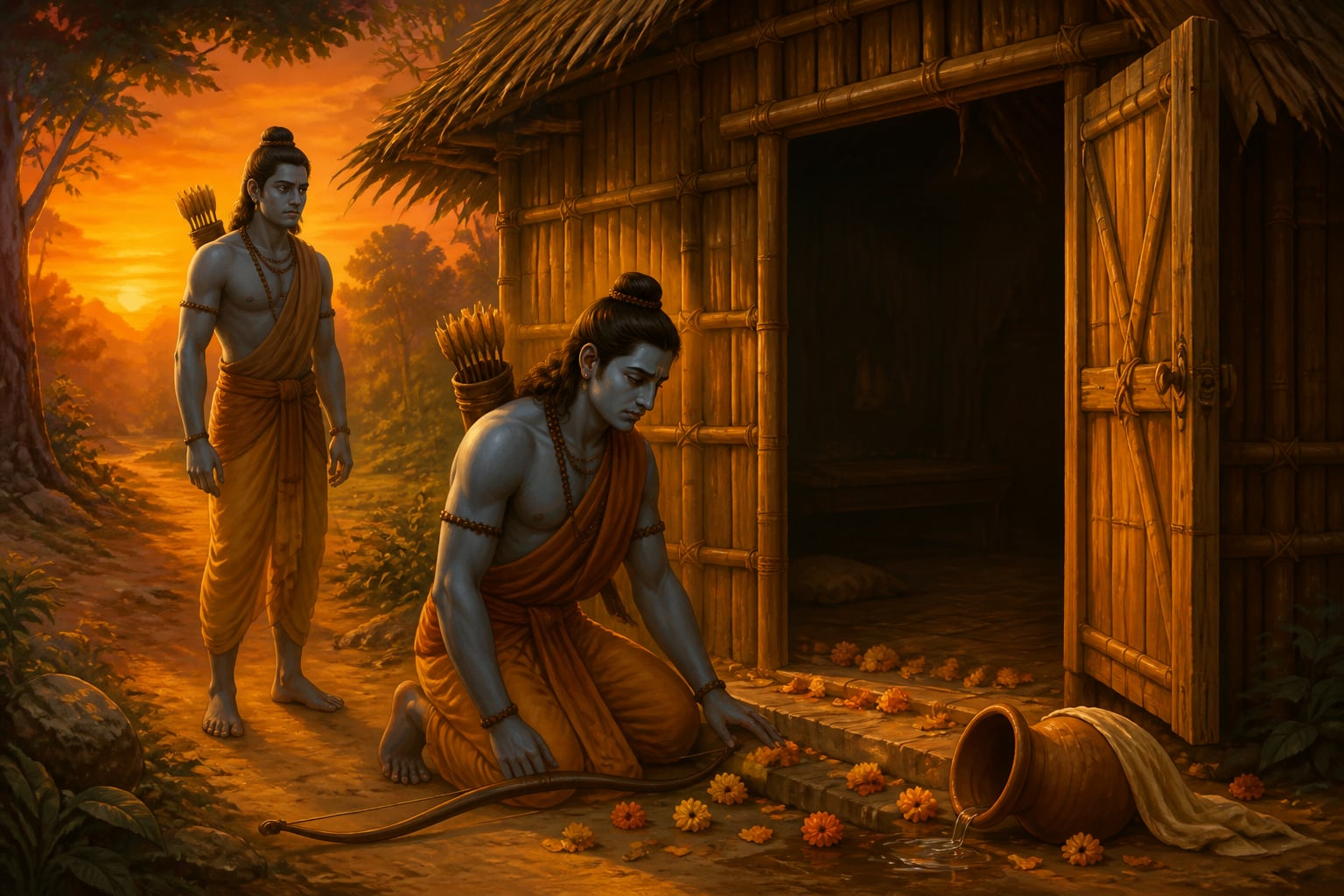 Rama and Lakshmana finding the empty hut in Panchavati