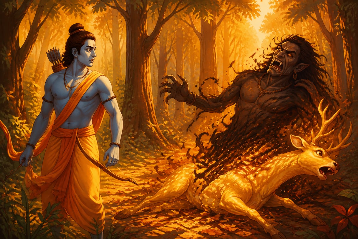Rama with the dying golden deer changing back into the demon Maricha