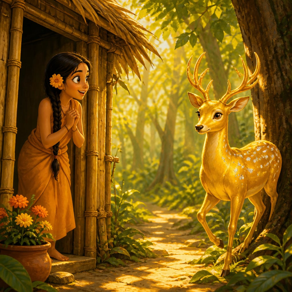 Sita stands in wonder at the doorway of her forest hut as a golden deer steps out from behind a sal tree.