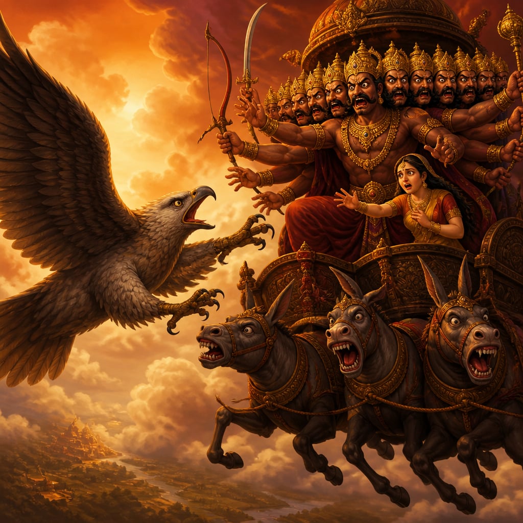Old eagle Jatayu flies headlong into Ravana's dark flying chariot high in the sky.