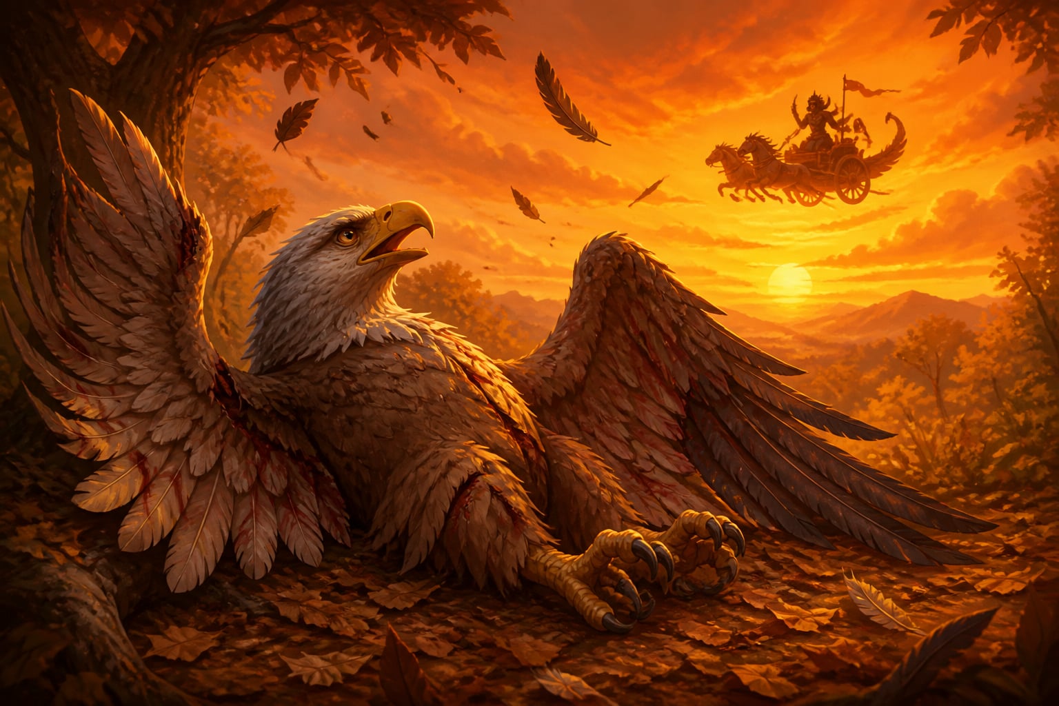 Broken-winged Jatayu lying on the forest floor as Ravana flies on
