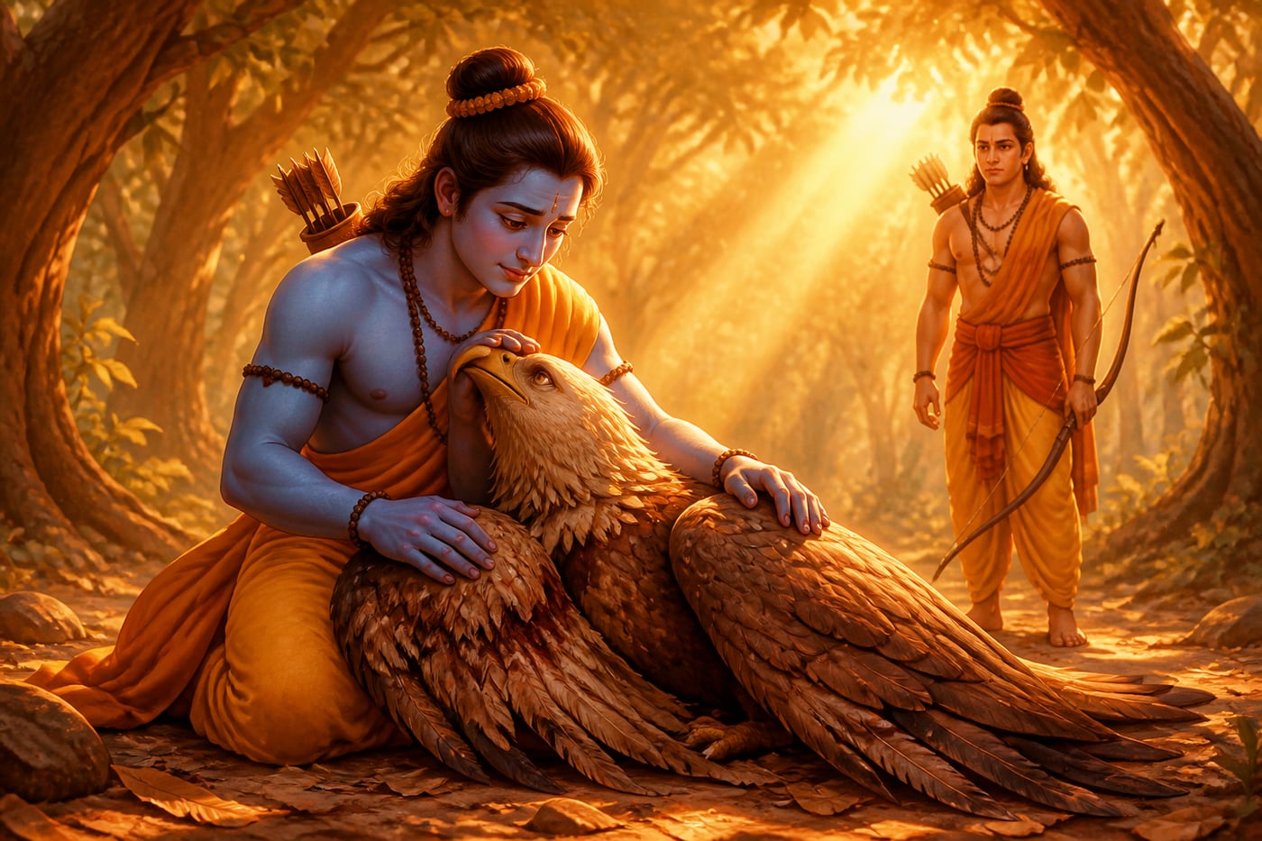 Rama cradling the dying Jatayu's head in his lap