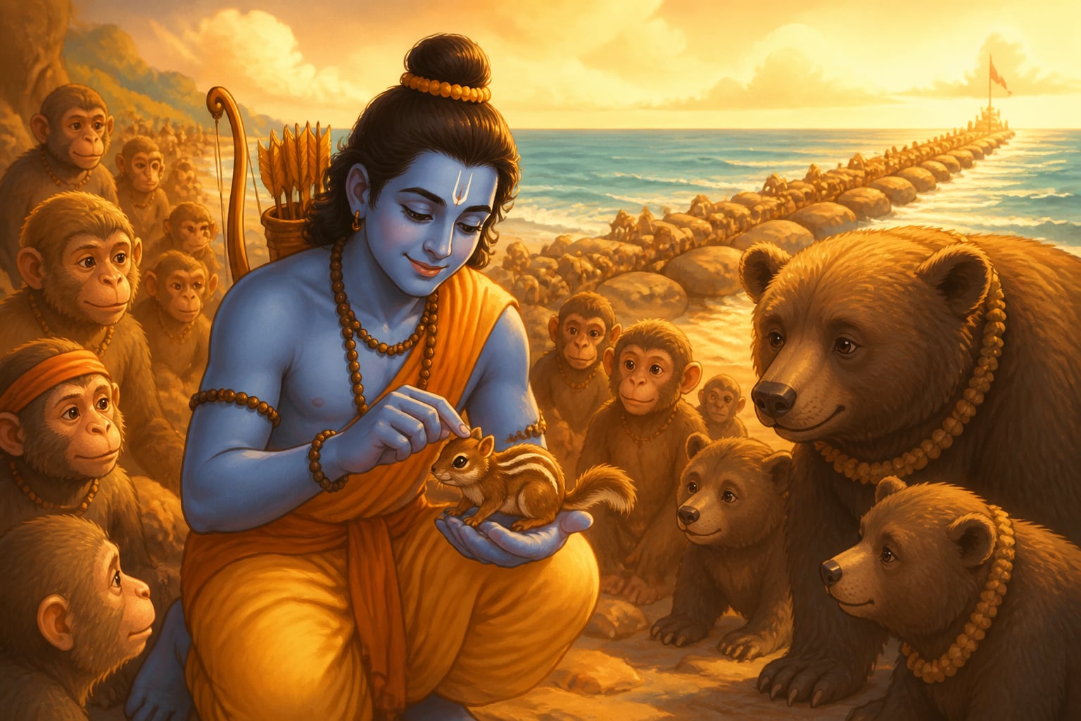 Rama gently tracing three lines down the little squirrel's back