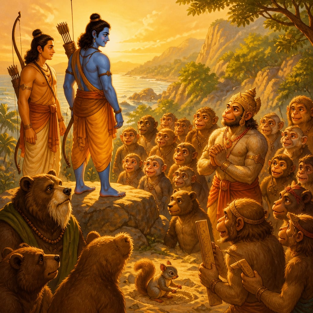 Rama and Lakshmana stand on a rocky outcrop watching their gathered army of monkeys and bears in golden afternoon light.