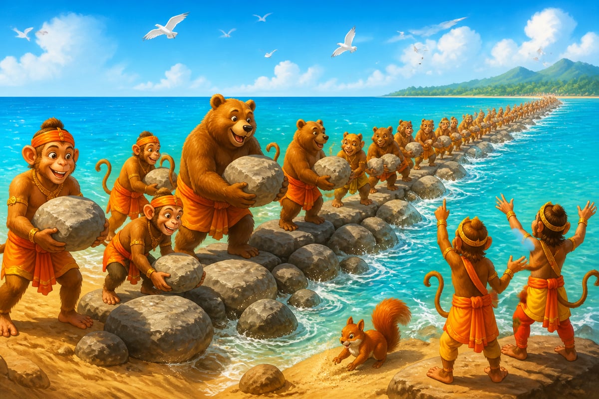Monkeys and bears building the Rama Setu bridge across the ocean