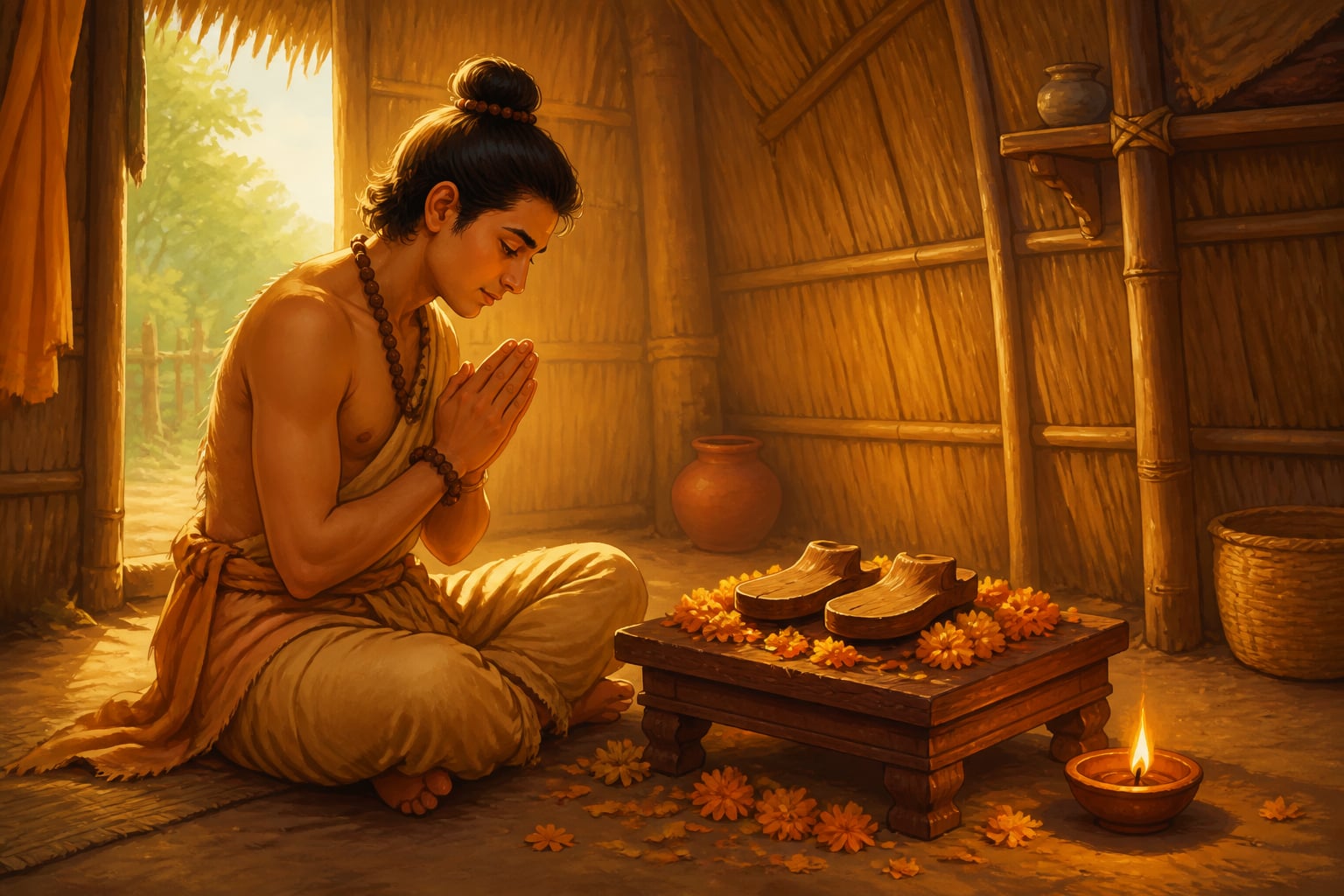 Bharata at Nandigram with Rama's padukas on the wooden seat