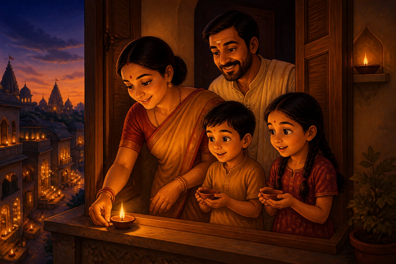 A family lighting the first diya of Diwali at their window